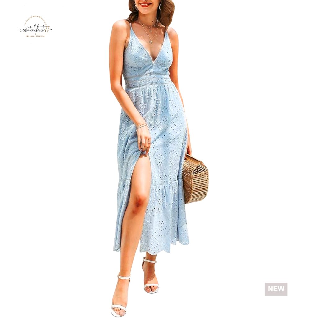 Cotton Maxi Dress With Embroidery, Pearl Buttons, Spaghetti Straps